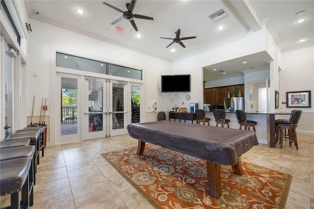 playroom with ceiling fan, ornamental molding, billiards, and french doors