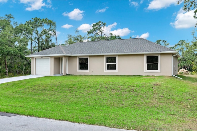 single story home with a garage and a front yard