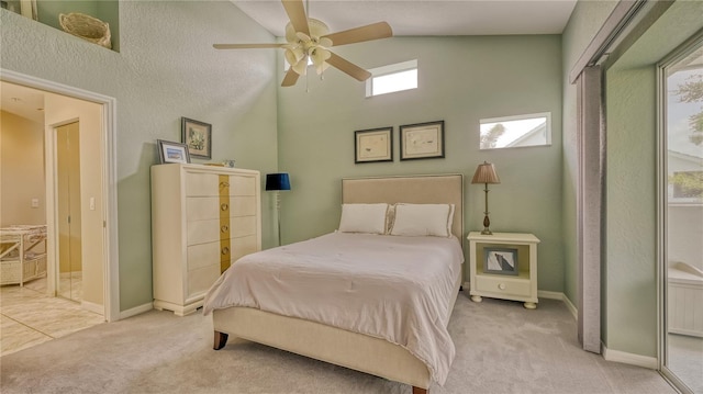 bedroom with high vaulted ceiling, carpet, and ceiling fan