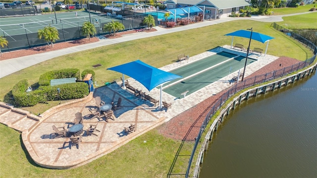 bird's eye view with a water view