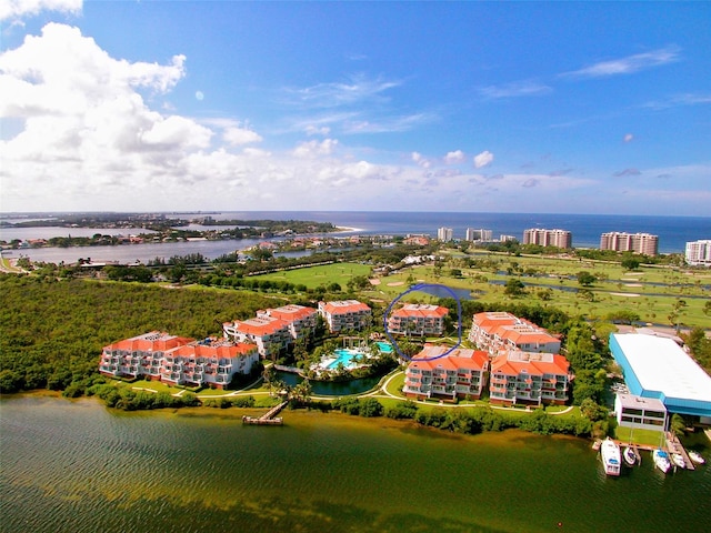 birds eye view of property featuring a water view