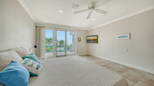 bedroom with access to outside, ceiling fan, and ornamental molding