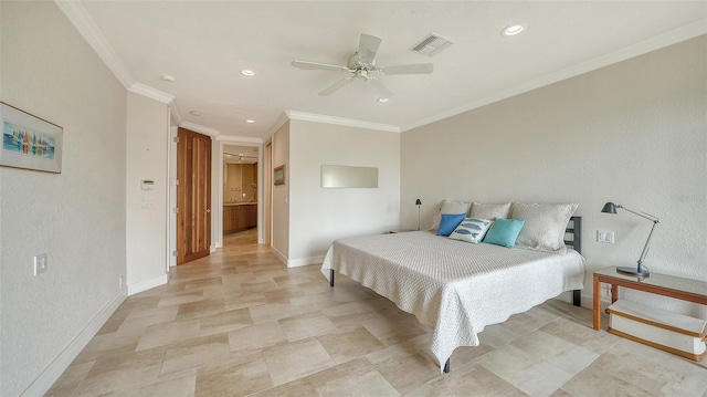 bedroom featuring ceiling fan and crown molding