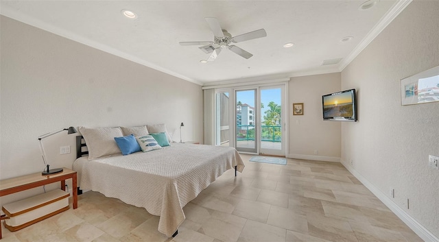 bedroom featuring access to exterior, crown molding, and ceiling fan