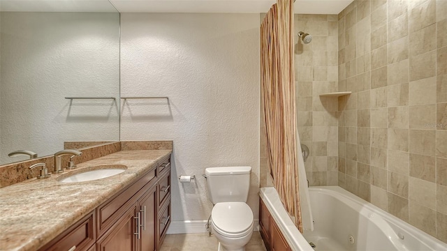 full bathroom with vanity, toilet, and shower / tub combo with curtain