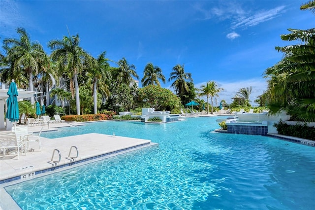 view of swimming pool with a patio and pool water feature