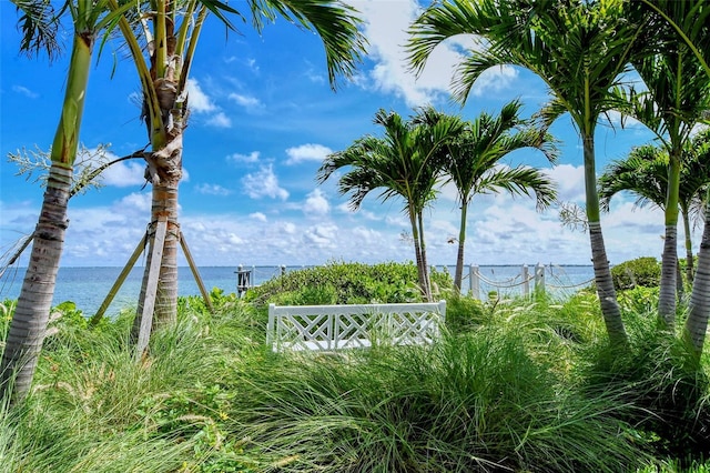 exterior space with a water view