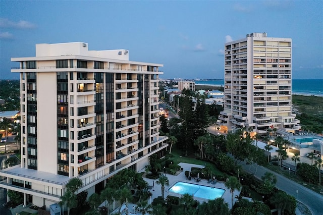 view of building exterior featuring a water view