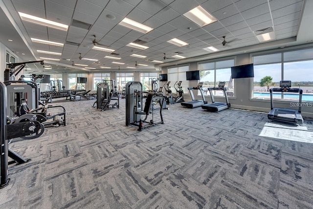 gym featuring a paneled ceiling, plenty of natural light, and light carpet