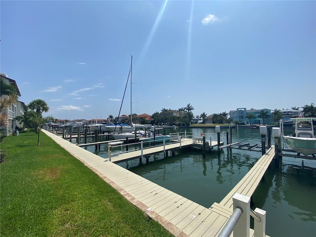 dock area featuring a water view and a yard