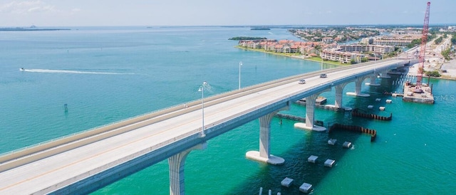 bird's eye view with a water view