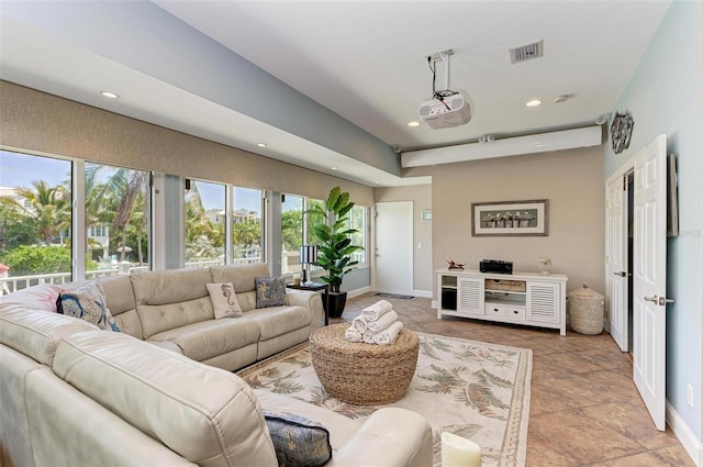 living room with tile floors