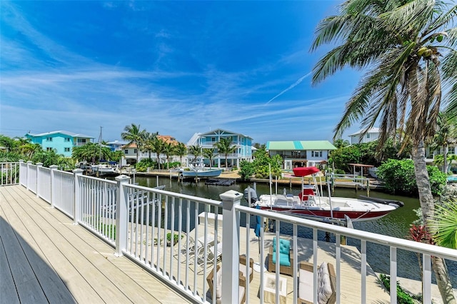 deck featuring a boat dock and a water view