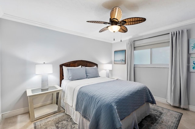 bedroom featuring crown molding, ceiling fan, and light tile floors