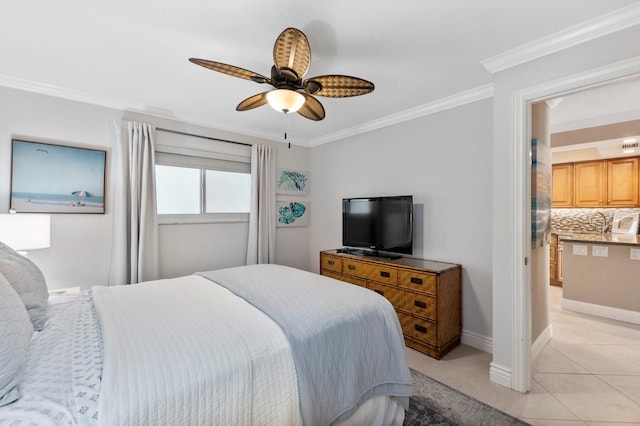 tiled bedroom featuring ornamental molding and ceiling fan