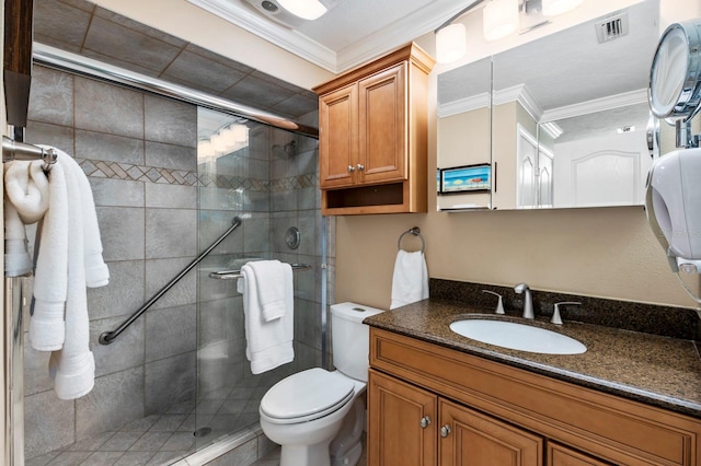 bathroom with walk in shower, vanity, toilet, and ornamental molding