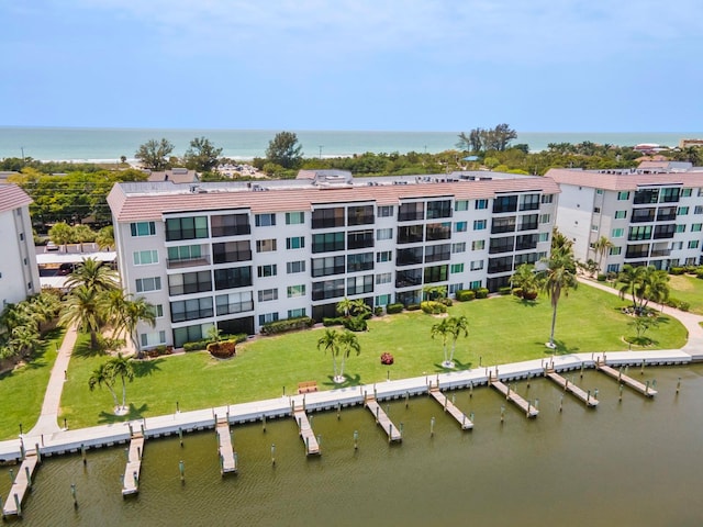 exterior space with a water view