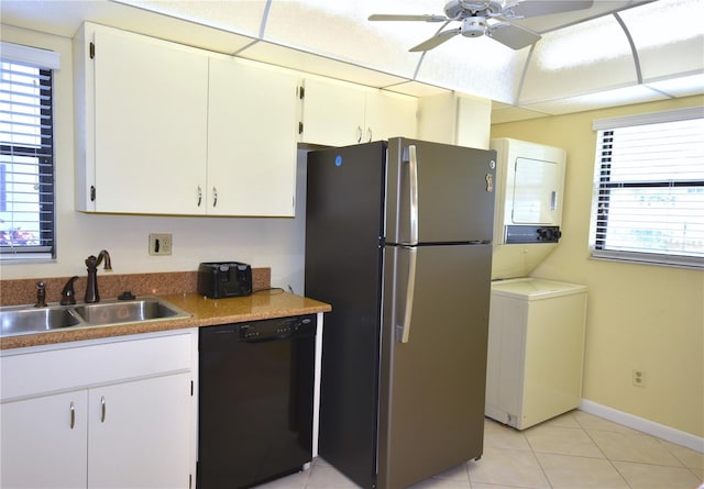 kitchen with ceiling fan, stainless steel refrigerator, sink, dishwasher, and light tile floors