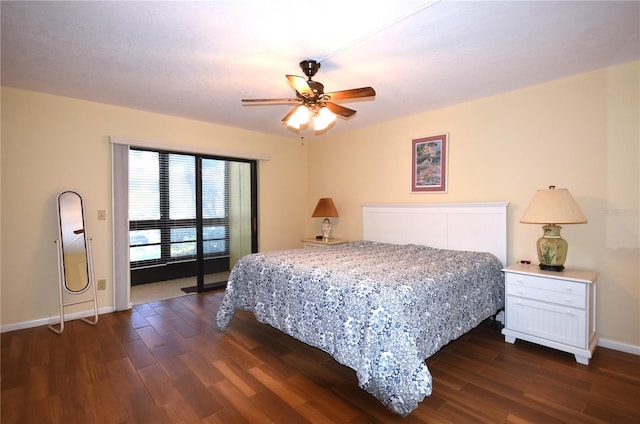 bedroom with ceiling fan and dark hardwood / wood-style floors