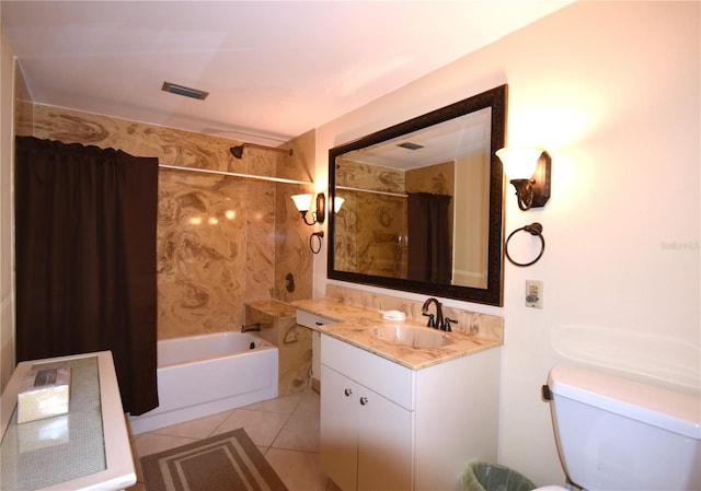 full bathroom with tile floors, shower / bathtub combination with curtain, toilet, and large vanity