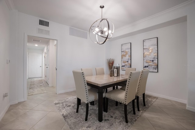 tiled dining space with an inviting chandelier