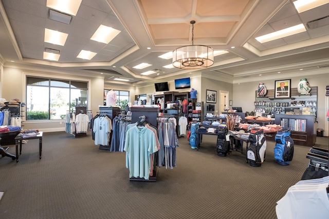 exercise room featuring crown molding, carpet flooring, and coffered ceiling