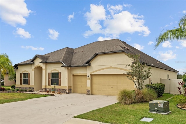 view of front of house featuring a front lawn and a garage