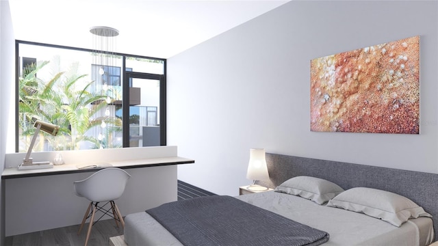 bedroom featuring floor to ceiling windows and dark hardwood / wood-style flooring