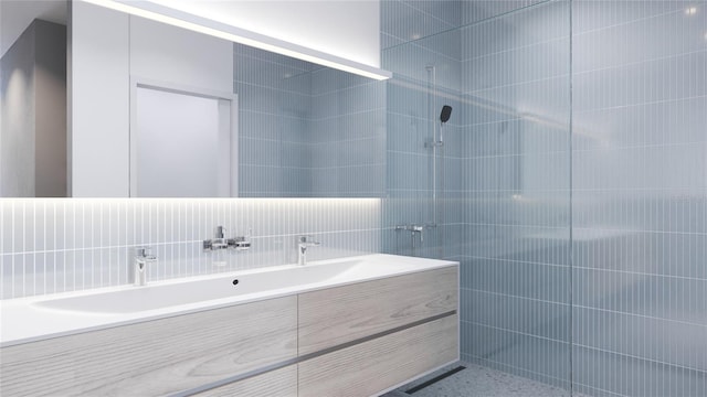 bathroom featuring walk in shower and tile walls