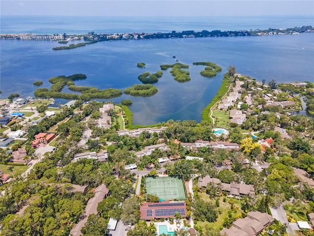 bird's eye view with a water view