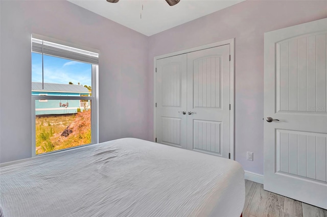 bedroom featuring ceiling fan, a closet, multiple windows, and light hardwood / wood-style flooring