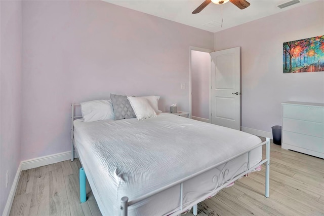 bedroom featuring ceiling fan and light hardwood / wood-style flooring