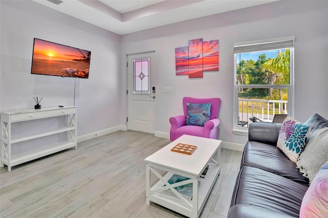 living room with a tray ceiling and light hardwood / wood-style flooring