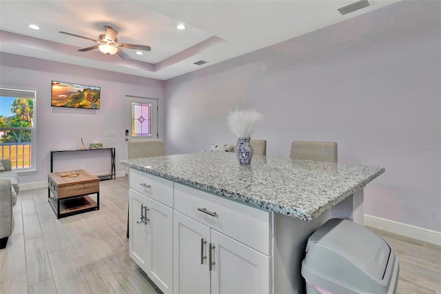 kitchen with light hardwood / wood-style flooring, ceiling fan, a tray ceiling, a center island, and white cabinets