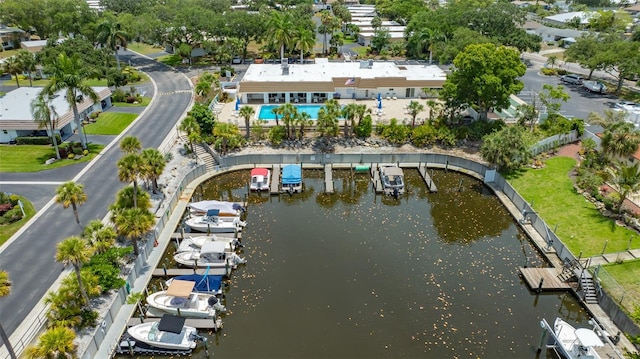 bird's eye view with a water view