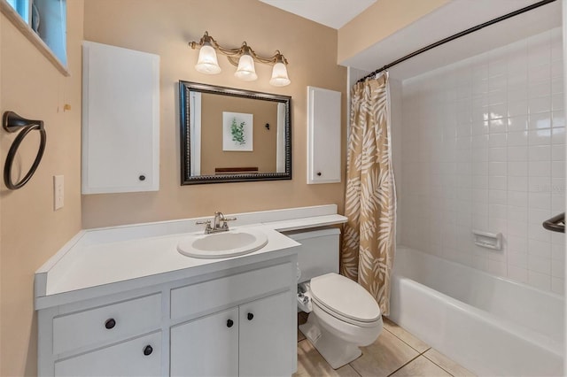 full bathroom with tile flooring, shower / tub combo with curtain, toilet, and vanity