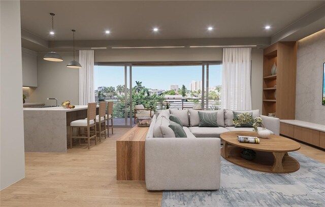 living room with built in features and light wood-type flooring