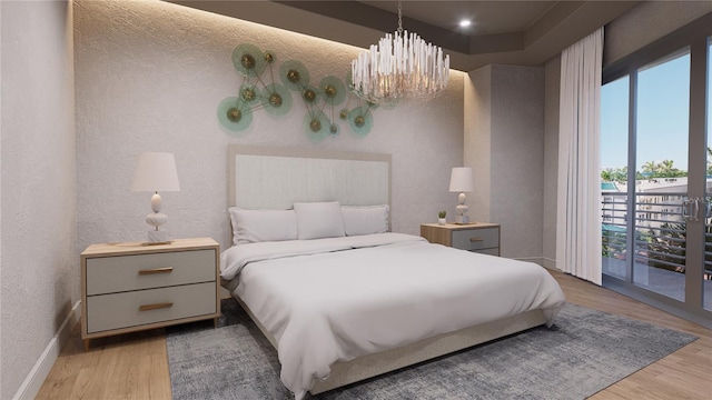 bedroom featuring access to exterior, a chandelier, and light hardwood / wood-style flooring