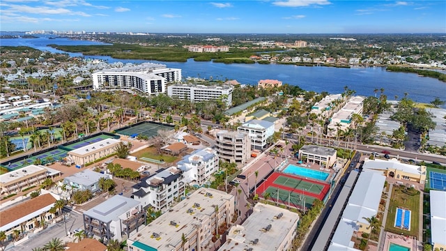 drone / aerial view with a water view