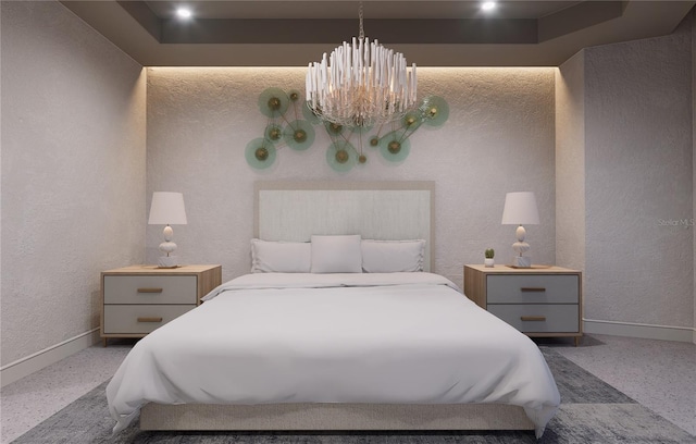 bedroom with a raised ceiling and carpet floors