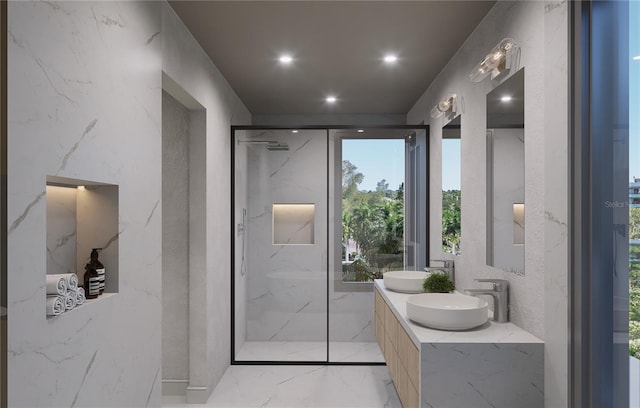 bathroom featuring vanity and walk in shower