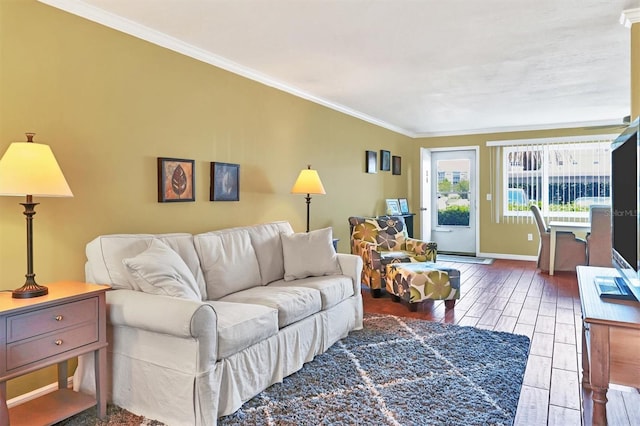 living room featuring crown molding and wood-type flooring