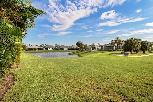 view of community with a lawn and a water view