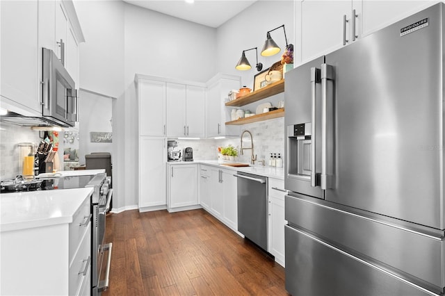 kitchen with backsplash, sink, dark hardwood / wood-style flooring, and high end appliances