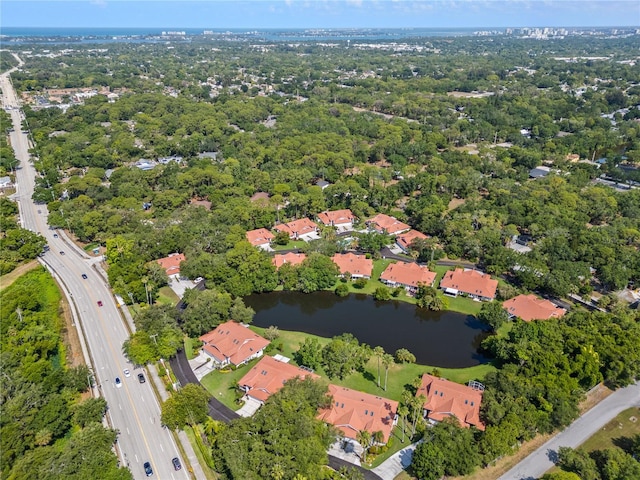 bird's eye view with a water view