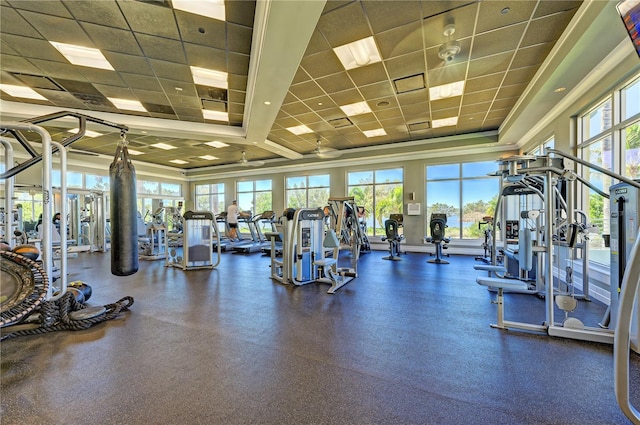 gym featuring a paneled ceiling