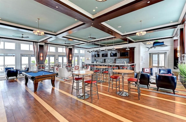 game room featuring french doors, wood-type flooring, pool table, coffered ceiling, and ceiling fan