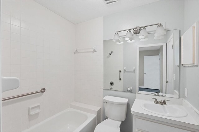 full bath featuring  shower combination, visible vents, vanity, and toilet