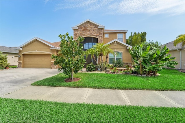 view of front facade featuring a garage and a front lawn