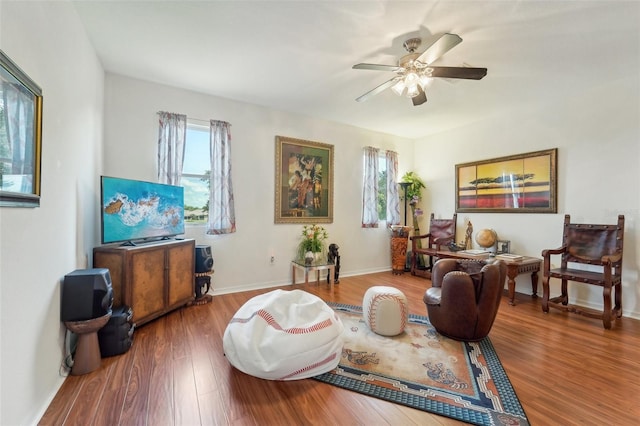 living room with ceiling fan and wood-type flooring